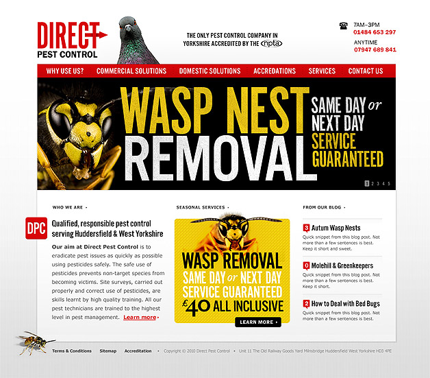 A screenshot of the Direct Pest Control homepage