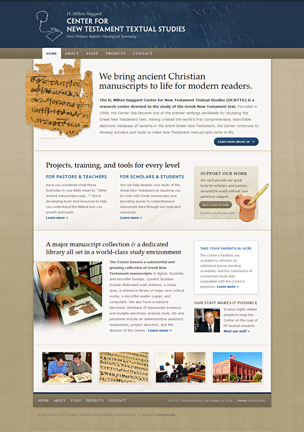 A screenshot of the H. Milton Haggard Center for New Testament Textual Studies homepage